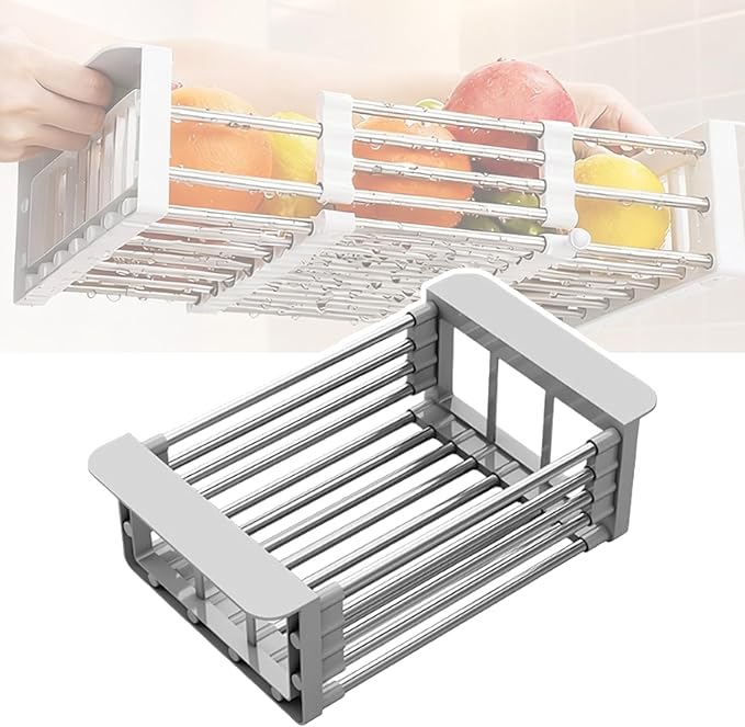 Extend Kitchen Sink Drain Basket, Adjustable Stainless Steel Drying Rack, Extender Basket for Vegetables Fruits and Dishes, Space-Saving Solution for Fruit Vegetable (Silver,Large)