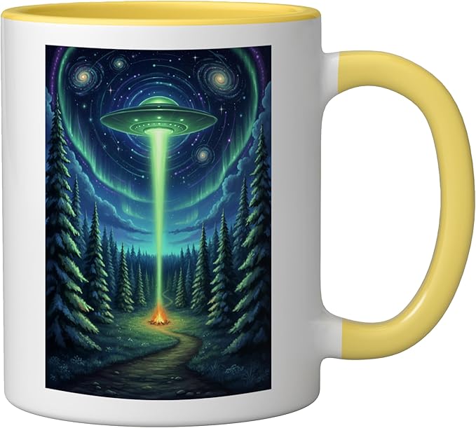 UFO in Forest Campfire Nature Camping Flying Saucer UAP Ceramic Mug, Yellow/White