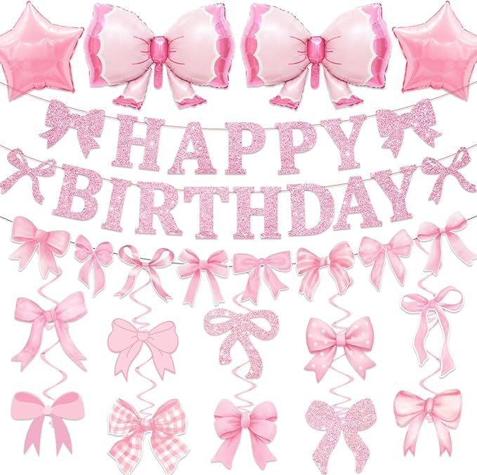 26Pcs Pink Bow Birthday Party Decorations, Bow Birthday Decorations Girl Include Happy Birthday Banner Hanging Swirls Set Balloons for Women Girls Bow Party Decorations, Baby Shower Party Supplies