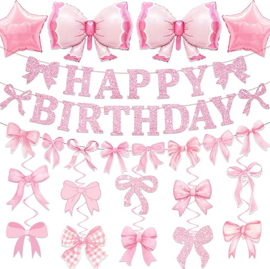 26Pcs Pink Bow Birthday Party Decorations, Bow Birthday Decorations Girl Include Happy Birthday Banner Hanging Swirls Set Balloons for Women Girls Bow Party Decorations, Baby Shower Party Supplies