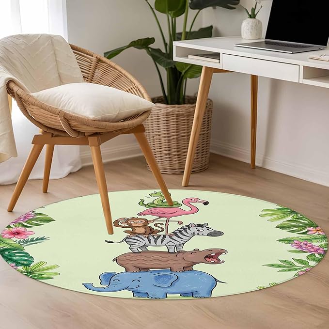 Washable Round Area Rug Funny Elephant Zebra Flamingo Circle Rugs Floor Carpet for Living Room Bedroom, Tropical Leaves Floral Soft Non Slip Round Rug 3ft