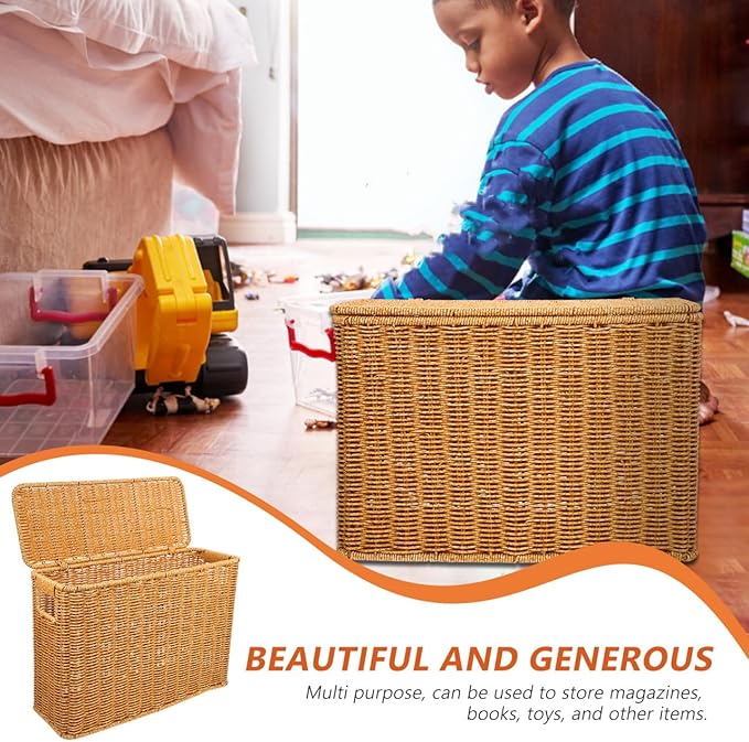 Alipis Woven Basket with Lid and Handle 15X11X6 Inch Portable Gap Storage Box for Organizing Toys Magazines Household Sundries