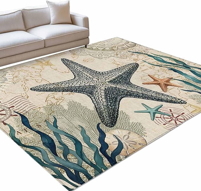 Area Rug 9x12ft, Nautical Starfish Teal Seaweed Starfish Washable Rugs for Living Room Bedroom Rectangle Floor Carpet, Marine Life Soft Non-Slip Area Rugs for Dining Room