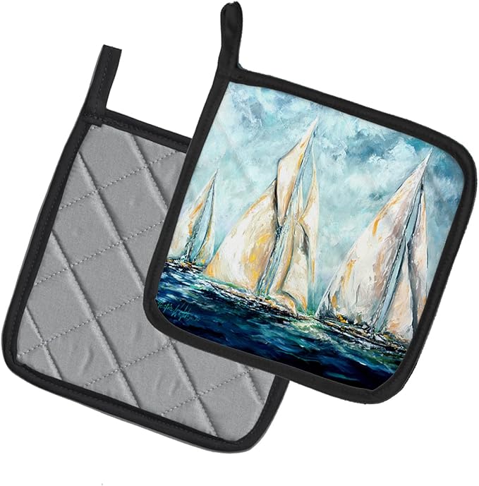 Caroline's Treasures MW1355PTHD Sailboats Last Mile Pair of Pot Holders Kitchen Heat Resistant Pot Holders Sets Oven Hot Pads for Cooking Baking BBQ, 7 1/2 x 7 1/2
