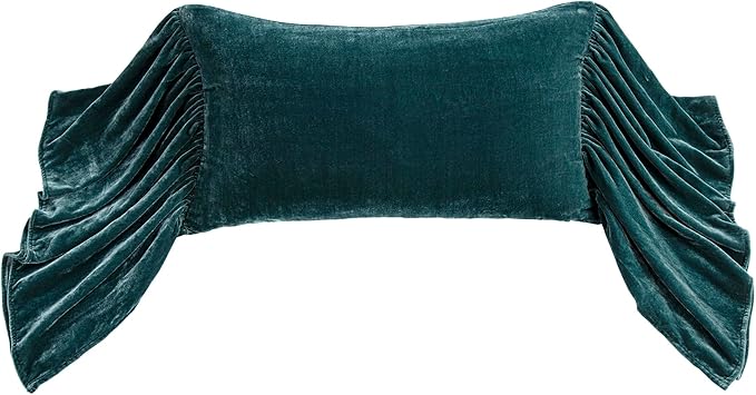 HiEnd Accents Stella Faux Silk Velvet Long Ruffled Pillow, 14x26 inch, Storm Blue, Romantic Western Modern Traditional Style Luxury Bedding, Decorative Throw Pillow