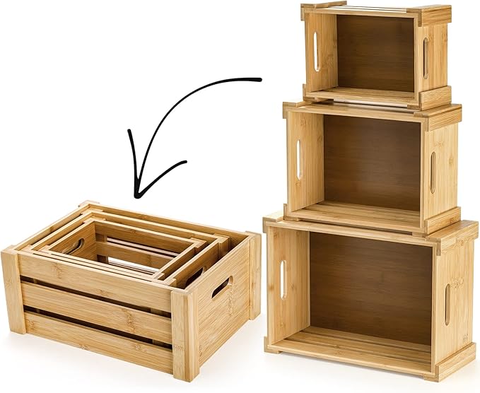 Lawei Set of 3 Bamboo Nesting Crates with Handles, Rustic Decorative Storage Container Box, Crate Box for Display, Farmhouse Bamboo Basket Bins for Fruit, Vegetable, Kitchen, Office, Bedroom, Closet