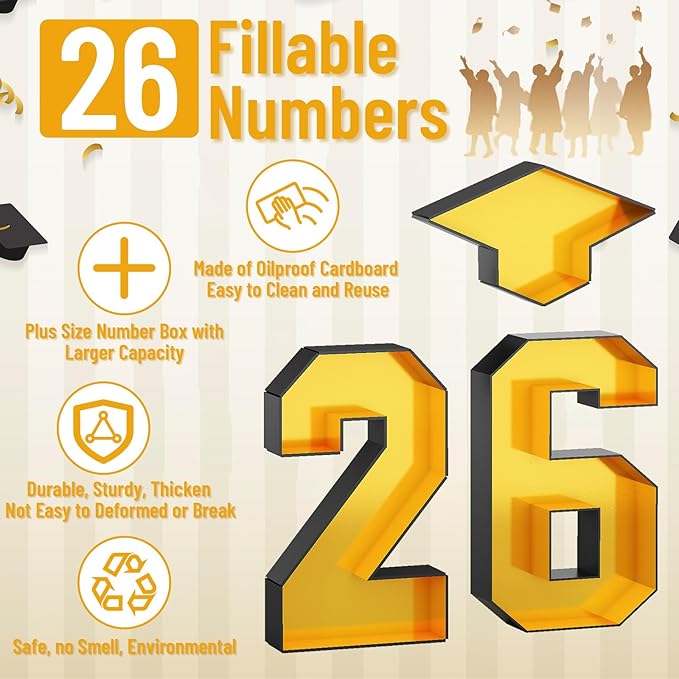 26 Fillable Number for Charcuterie with Grad Cap Shaped Cardboard Tray Black Gold 2026 Graduation Party Table Decorations 13.8'' Pre-cut Board Storage Decorative Paper Mache Box College Grad