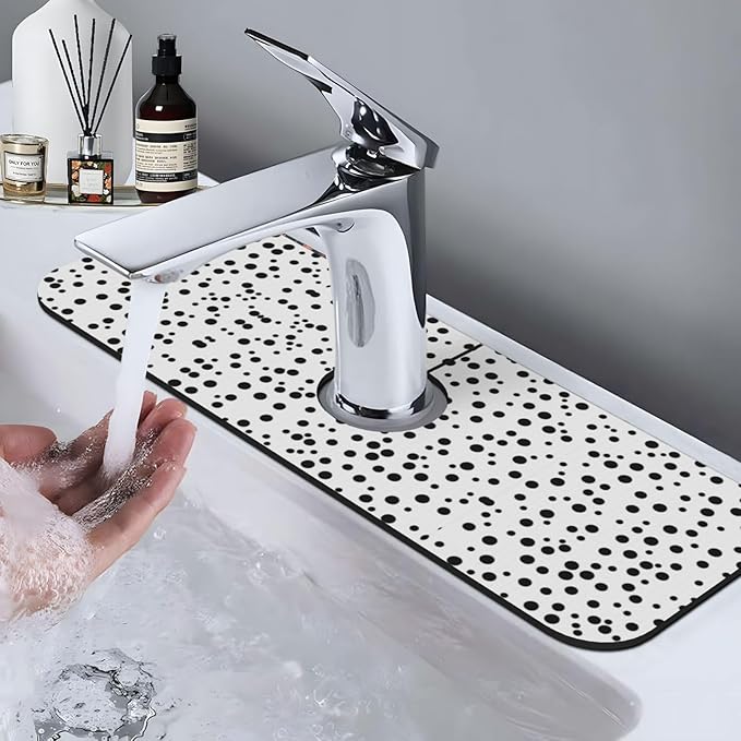 Black and White Polka Dot Printed Faucet Absorbent mat, Suitable for bathrooms, Kitchens, and Other Sink Areas.