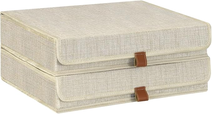 Photo Storage Boxes with Lids, Memory Box for Keepsakes, Picture Organizer Versatile Linen Containers Basket Collapsible Bin for Organizing Home Office, 2 Pack, 14x10.8x2.5 Inch, Beige