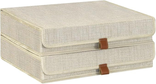 Photo Storage Boxes with Lids, Memory Box for Keepsakes, Picture Organizer Versatile Linen Containers Basket Collapsible Bin for Organizing Home Office, 2 Pack, 14x10.8x2.5 Inch, Beige