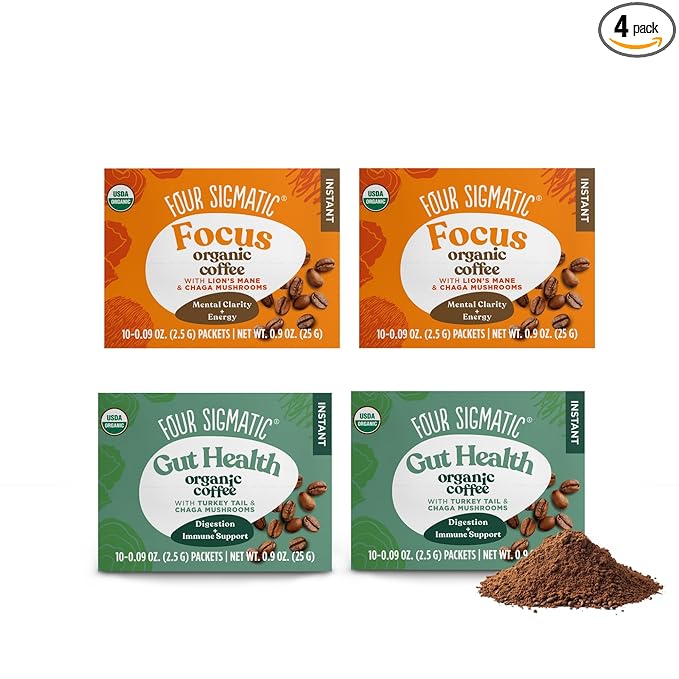 Four Sigmatic Mushroom Coffee Mix Pack of 4 - Lion's Mane and Chaga & Cordyceps and Chaga - 10 Packets Per Box