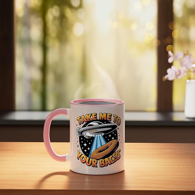Take Me to Your Bagels UFO Abduction Jewish Funny Bagel Ceramic Mug, Pink/White