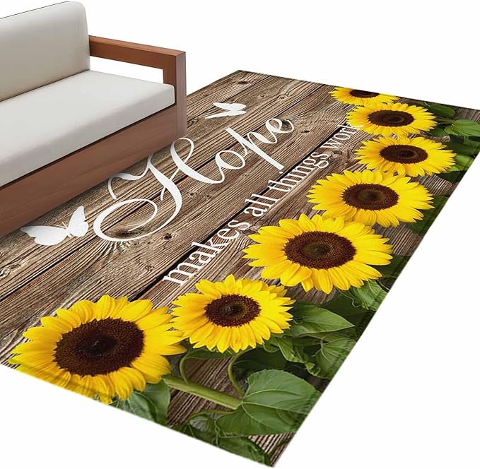 Area Rug 3x5ft, Farm Sunflower Positive Energy Quote Washable Rugs for Living Room Bedroom, Retro Dark Brown Wood Grain Soft Non-Slip Area Rugs Rectangle Floor Carpet for Dining Room