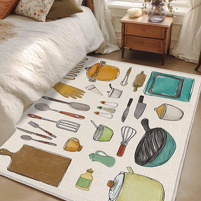 Cooking Kitchenware Kitchen Tool Pattern Rectangle Rugs 4x6ft for Living Room Washable Circle Rug Non-Slip Carpet Soft Mat for Bedroom Dining Room Bathroom Home Holiday Decorations Indoor