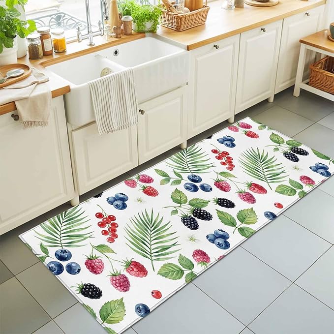 Runner Rug for Bedroom Hallway, Farm Fruit Berry Cherry Blueberry Kitchen Runner Rugs Area Rug 2x6ft, Watercolor Mulberry Leaves Washable Soft Floor Carpet for Entryway Stair