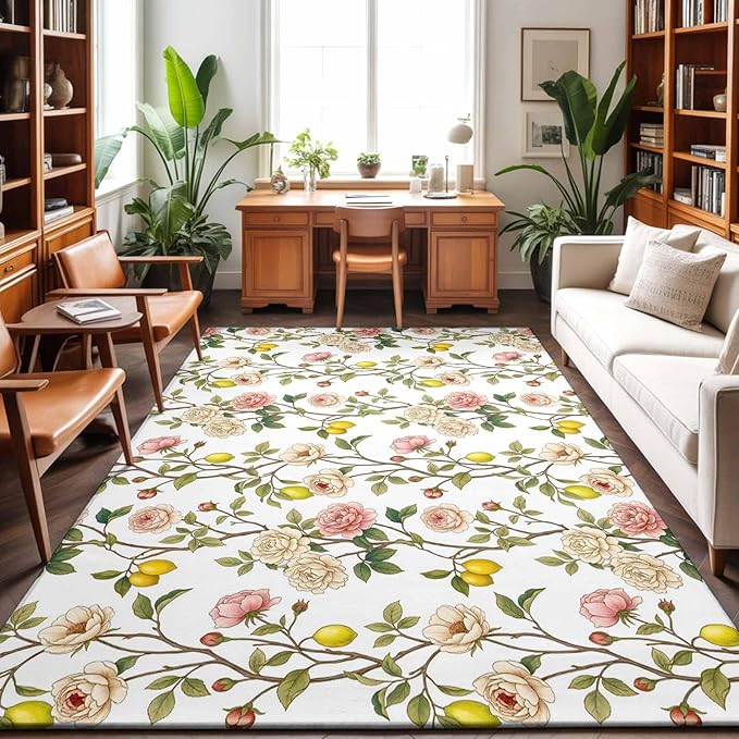 Area Rug 4x6ft, Country Blossom Flower Plant Washable Rugs for Living Room Bedroom, Summer Lemon Leaf Seamless Soft Non-Slip Area Rugs Rectangle Floor Carpet for Dining Room