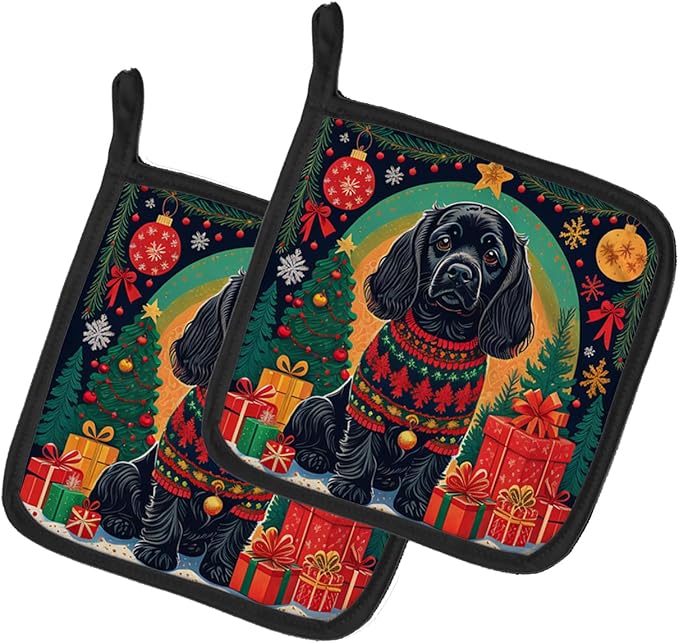 Caroline's Treasures Black Cocker Spaniel Christmas Pair of Pot Holders Kitchen Heat Resistant Pot Holders Sets Oven Hot Pads for Cooking Baking BBQ, 7 1/2 x 7 1/2
