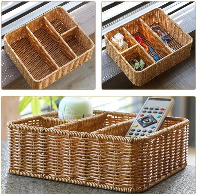Wicker Divided Storage Basket, Rectangular Hand-woven Baskets Plastic Drawer Baskets Organizer for Organizing Cabinet Coffee Table Toilet Paper