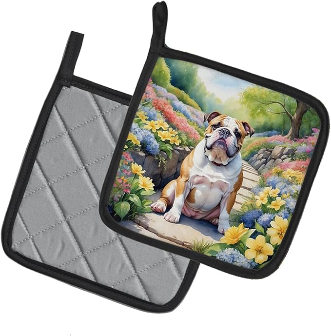 Caroline's Treasures English Bulldog Spring Path Pair of Pot Holders Kitchen Heat Resistant Pot Holders Sets Oven Hot Pads for Cooking Baking BBQ, 7 1/2 x 7 1/2