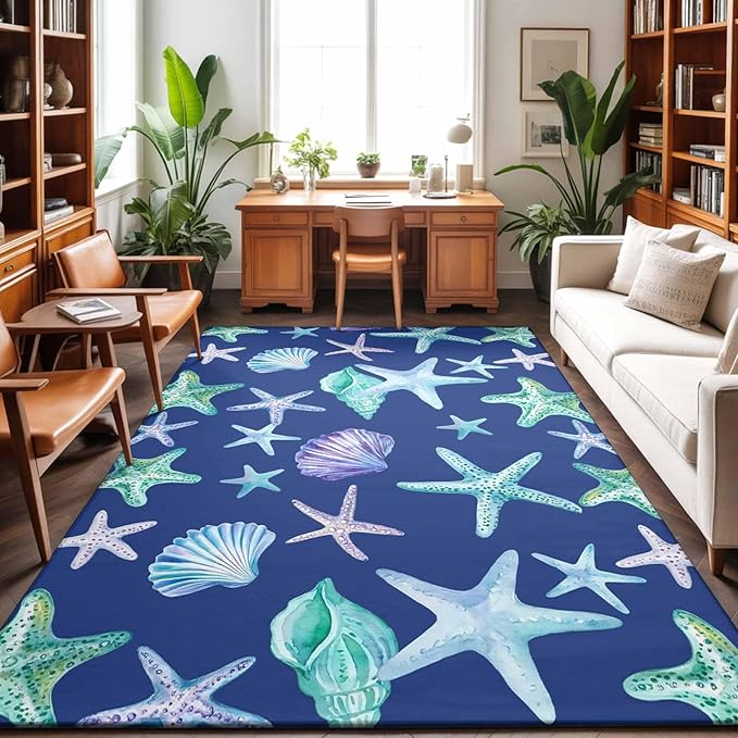 Area Rug 4x6ft, Summer Starfish Shell Conch Washable Rugs for Living Room Bedroom, Marine Creature on Blue Soft Non-Slip Area Rugs Rectangle Floor Carpet for Dining Room