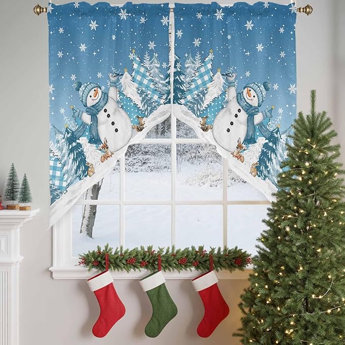 Christmas Snowman Swag Valance Curains Winter Xmas Tree Snowflakes Gradient Blue Rod Pocket Kitchen Curtains Scalloped Window Treatment Valances Swag for Living Room Bedroom, 1 Pair, 36"W x 45"L