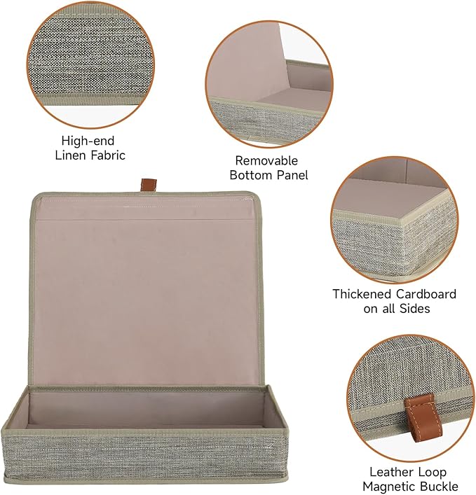 Photo Storage Boxes with Lids, Memory Box for Keepsakes, Picture Organizer Versatile Linen Containers Basket Collapsible Bin for Organizing Home Office, 2 Pack, 14x10.8x2.5 Inch, Coffee