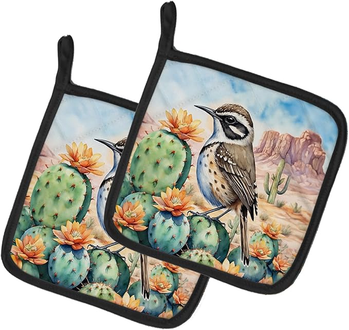 Caroline's Treasures Arizona Cactus Wren Pair of Pot Holders Kitchen Heat Resistant Pot Holders Sets Oven Hot Pads for Cooking Baking BBQ, 7 1/2 x 7 1/2