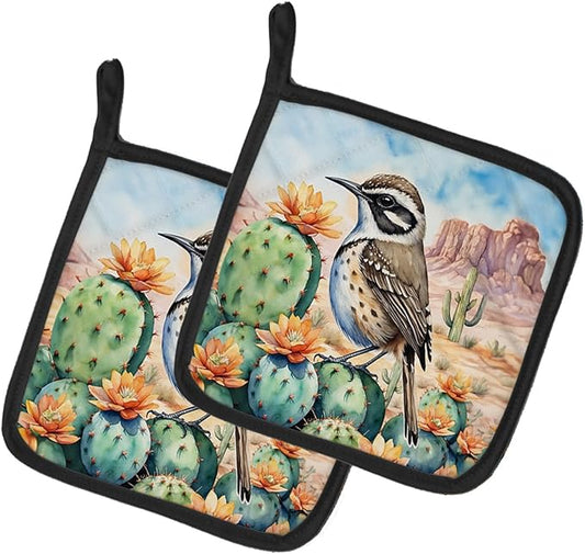 Caroline's Treasures Arizona Cactus Wren Pair of Pot Holders Kitchen Heat Resistant Pot Holders Sets Oven Hot Pads for Cooking Baking BBQ, 7 1/2 x 7 1/2