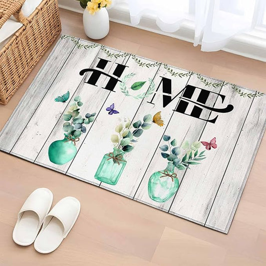 Area Rug 2x3ft, Summer Eucalyptus Leaf Colorful Butterfly Washable Rugs for Living Room Bedroom, Home Text Wood Plank Soft Non-Slip Area Rugs Rectangle Floor Carpet for Dining Room