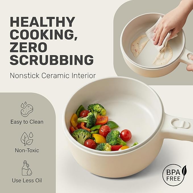 CERAMAX PRO Electric Hot Pot with Lid & Steamer, 2L Non Toxic Ceramic Cooker Skillet for Ramen, Eggs, Pasta for Dorms, Camping, RVs, Work, Adjustable Temp. - New Improved 2025 Model