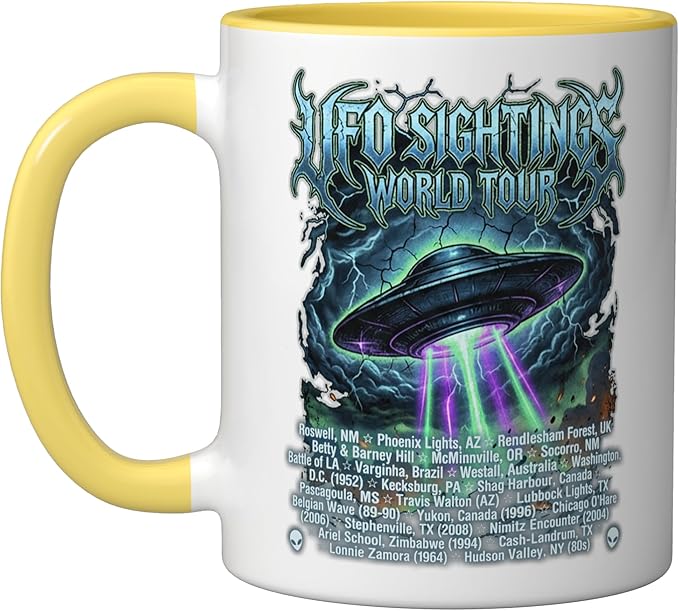 Vintage UFO Sightings World-Tour Cool-Looking Heavy-Metal Ceramic Mug, Yellow/White