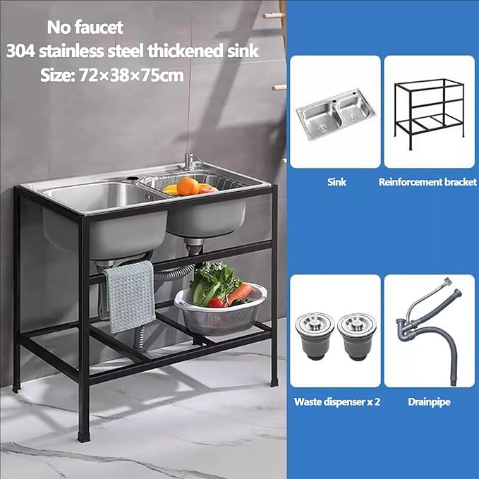 Double Bowl Stainless Steel Sink,FreeStanding Stainless Steel Outdoor Laundry Tub,with Black Storage Shelves, for Garage, Restaurant, Kitchen