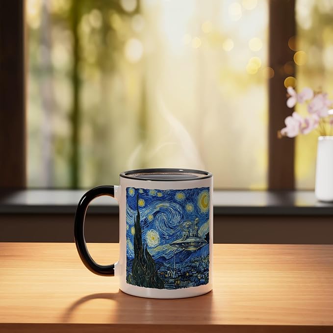 Aliens Saucer UFO Extraterrestrial Fun Starry Night Van Gogh Ceramic Mug, Black/White