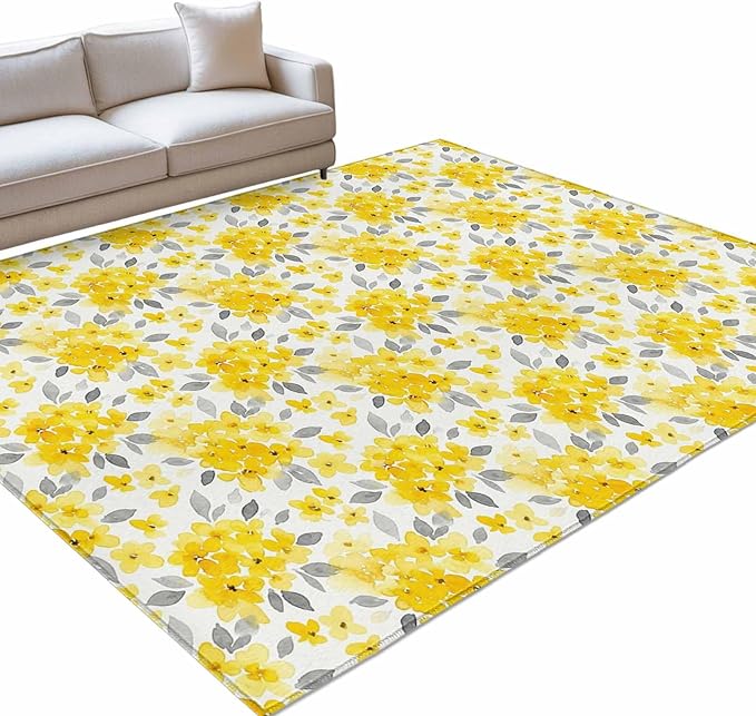 Area Rug 9x12ft, Summer Pastoral Yellow Flower Washable Rugs for Living Room Bedroom Rectangle Floor Carpet, Country Floral Leaf Theme Soft Non-Slip Area Rugs for Dining Room