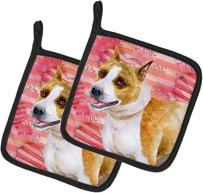 Caroline's Treasures BB9731PTHD American Staffordshire Love Pair of Pot Holders, Red Kitchen Heat Resistant Pot Holders Sets Oven Hot Pads for Cooking Baking BBQ, 7 1/2 x 7 1/2