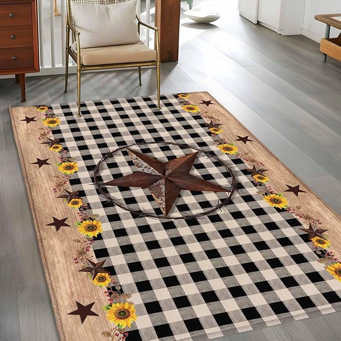 Area Rug 3x5ft, Western Star Farm Sunflower Washable Rugs for Living Room Bedroom, Vintage Wood Grain Black Buffalo Plaid Soft Non-Slip Area Rugs Rectangle Floor Carpet for Dining Room