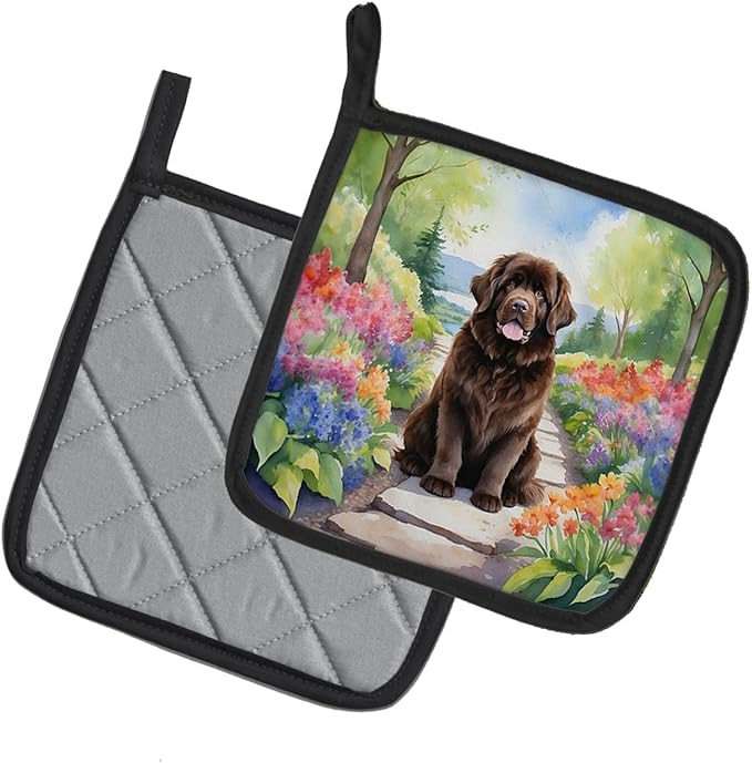 Caroline's Treasures Newfoundland Spring Path Pair of Pot Holders Kitchen Heat Resistant Pot Holders Sets Oven Hot Pads for Cooking Baking BBQ, 7 1/2 x 7 1/2