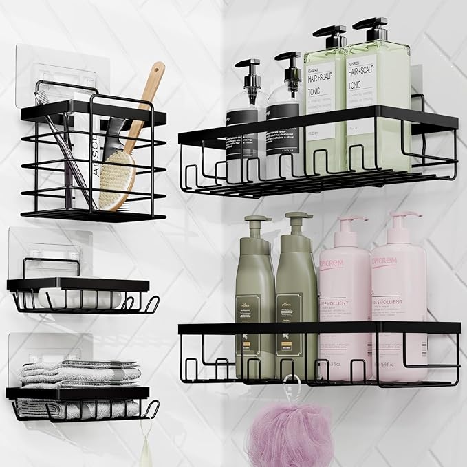 Clara Clark Bathroom Accessories Set - Bathroom Set with Adhesive Corner Shower Caddy Hanging, 25PC Bathroom Accessory Set, Teal Shower Curtain Set, Toilet Brush, Trash Can & Soap Dispenser