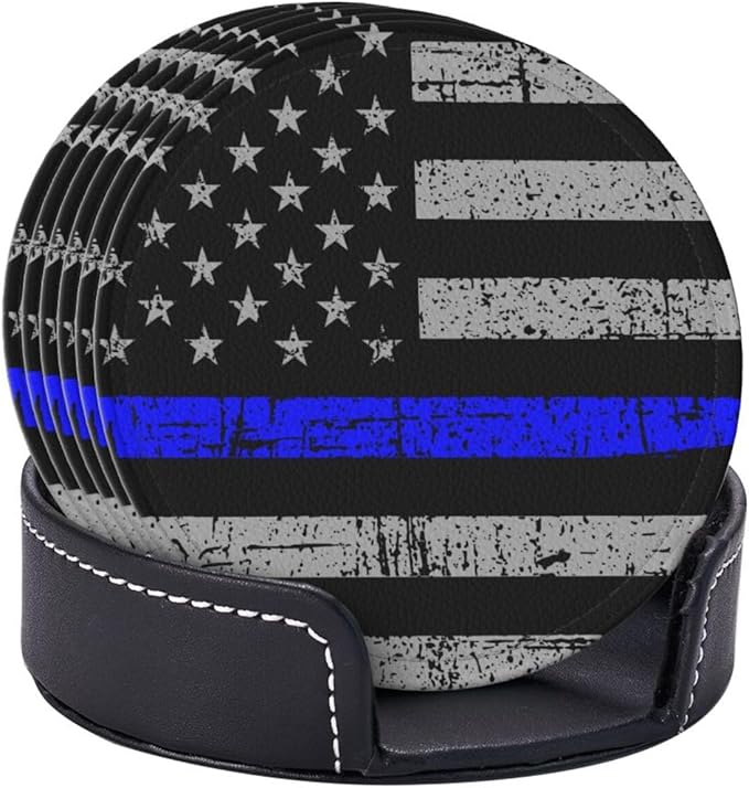 Thin Blue Line Leather Drinks Coasters with Holder, Set of 6, Suitable for Various Cups