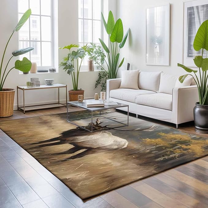 Area Rug 8x10ft, Brown Animals Elk Washable Rugs for Living Room Bedroom, Retro Forest Landscape Soft Non-Slip Area Rugs Rectangle Floor Carpet for Dining Room
