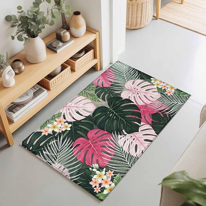 Area Rug 2x3ft, Summer Watercolor Pink Green Leaf Washable Rugs for Living Room Bedroom, Tropical Flower Leaves Plant Soft Non-Slip Area Rugs Rectangle Floor Carpet for Dining Room