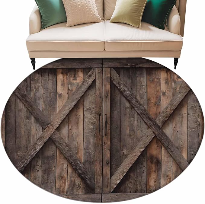 Washable Round Area Rug Vintage Farmhouse Barn Circle Rugs Floor Carpet for Living Room Bedroom, Country Wooden Plank Soft Non Slip Round Rug 5ft