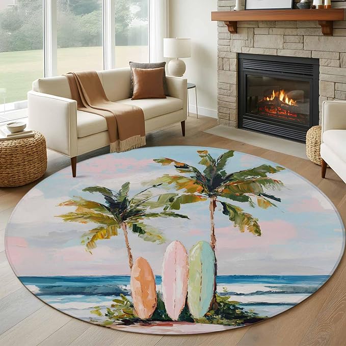 Washable Round Area Rug Summer Blue Ocean Surfboard Circle Rugs Floor Carpet for Living Room Bedroom, Tropical Plant Palm Tree Soft Non Slip Round Rug 5ft
