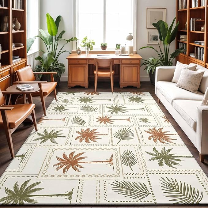 Area Rug 9x12ft, Vintage Coconut Tree Palm Leaves Washable Rugs for Living Room Bedroom Rectangle Floor Carpet, Farm Tropical Plant on Beige Soft Non-Slip Area Rugs for Dining Room