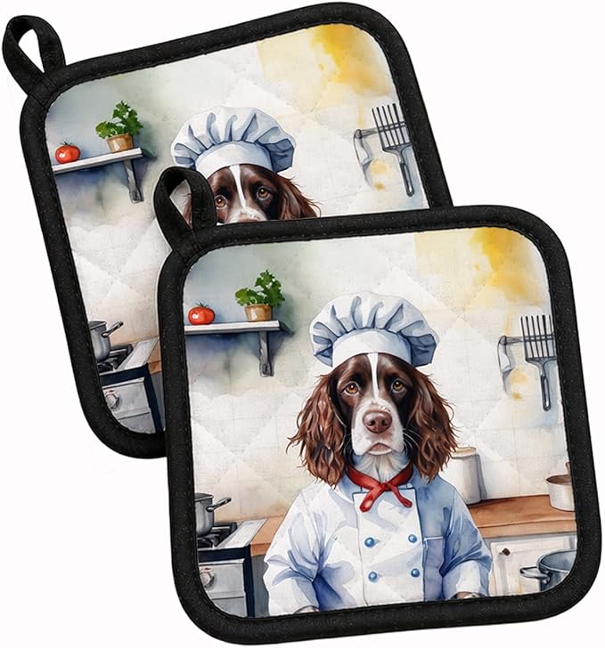 Caroline's Treasures English Springer Spaniel The Chef Pair of Pot Holders Kitchen Heat Resistant Pot Holders Sets Oven Hot Pads for Cooking Baking BBQ, 7 1/2 x 7 1/2