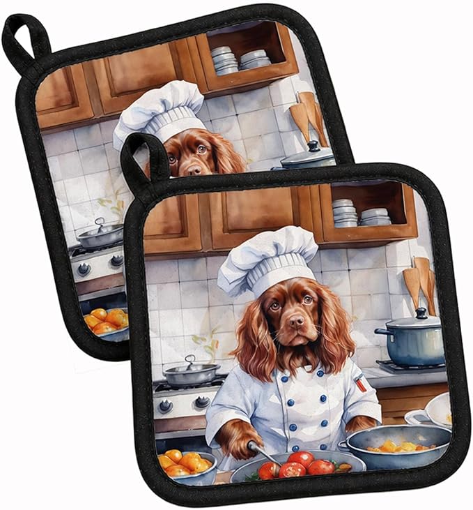 Caroline's Treasures Sussex Spaniel The Chef Pair of Pot Holders Kitchen Heat Resistant Pot Holders Sets Oven Hot Pads for Cooking Baking BBQ, 7 1/2 x 7 1/2