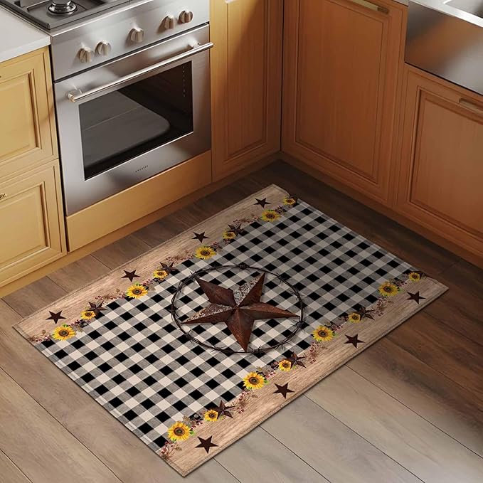 Area Rug 2x3ft, Western Star Farm Sunflower Washable Rugs for Living Room Bedroom, Vintage Wood Grain Black Buffalo Plaid Soft Non-Slip Area Rugs Rectangle Floor Carpet for Dining Room