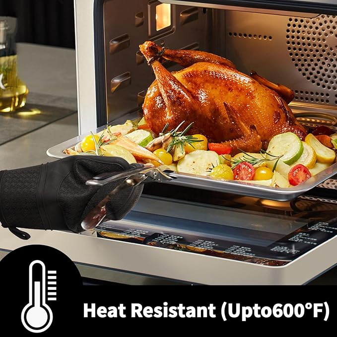 Hovico Silicone Oven Mitts, Heat Resistant 500F Kitchen Mitts 2PCS, 11.6" BPA-Free Soft Baking Gloves, Non-Slip Grip Oven Gloves with Soft Cotton Lining for Kitchen Cooking Baking BBQ - Black
