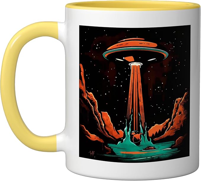 Aliens Abducting people into Flying UFO Saucer Abduction Ceramic Mug, Yellow/White