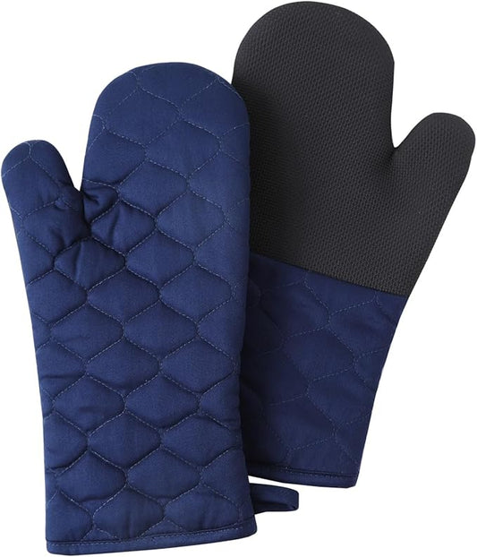 Glynniss Heat Resistant Oven Mitts, 2 Pcs of Silicone Oven Mits, Non-Slip Grip Surfaces Kitchen Gloves for Cooking, Machine Washable with Hanging Loops Oven Gloves (7x13 inches, Blue)